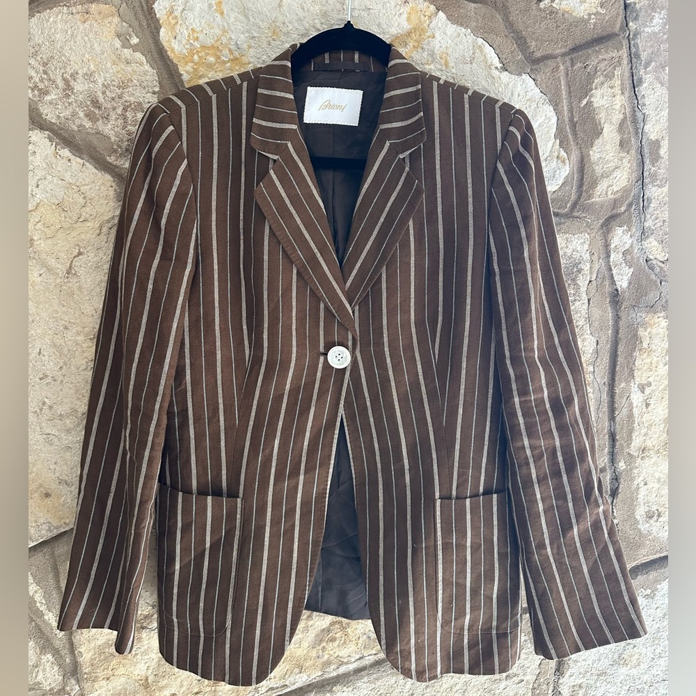 STUNNING BRIONI LINEN PINSTRIPE BLAZER MOTHER PEARL BUTTONS SIZE 8 / MEDIUM